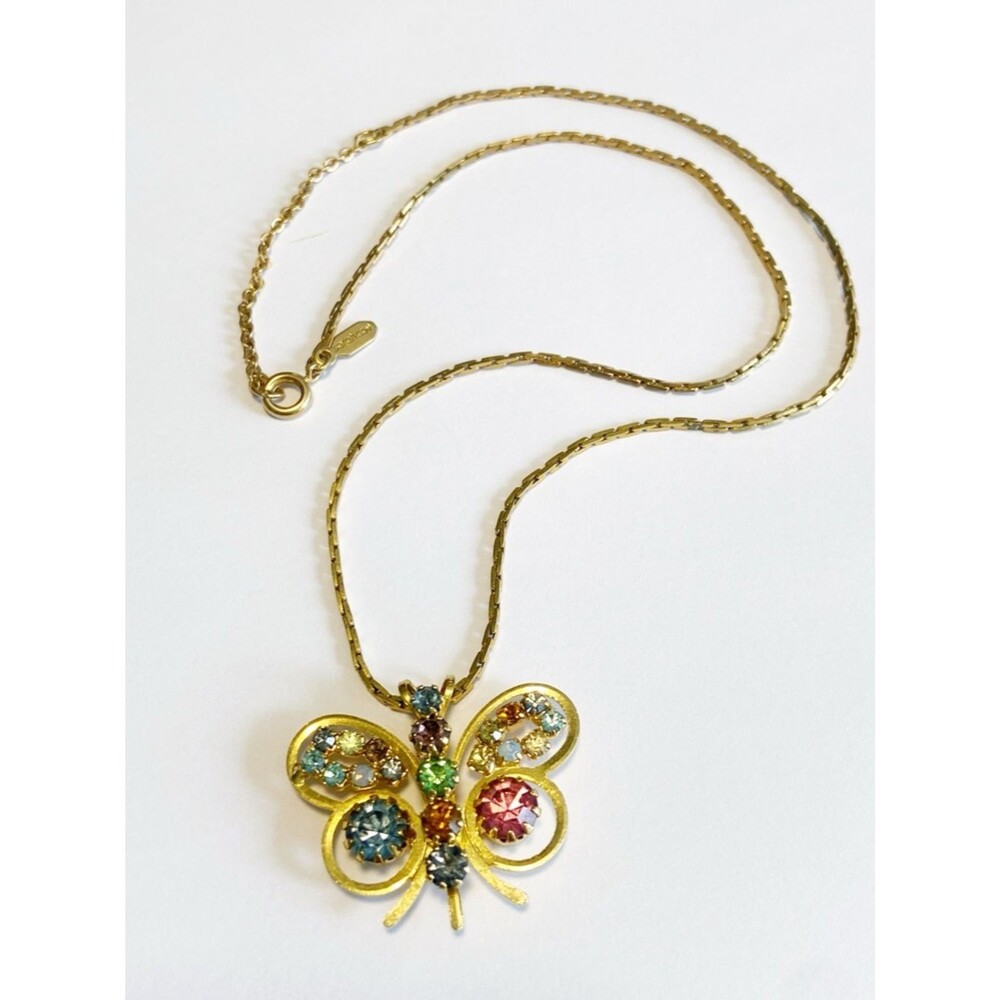 Vintage Sarah Coventry Gold Butterfly Pendant Necklace with Multi-color Crystals
